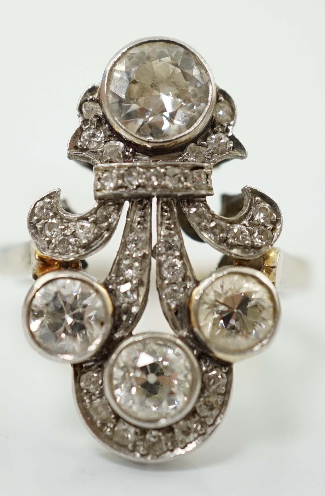 A 9ct white gold, platinum and diamond cluster set up-finger ring